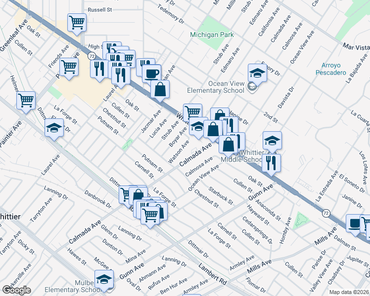 map of restaurants, bars, coffee shops, grocery stores, and more near 8824 Watson Avenue in Whittier