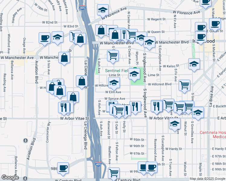 map of restaurants, bars, coffee shops, grocery stores, and more near 601 West Elm Avenue in Inglewood