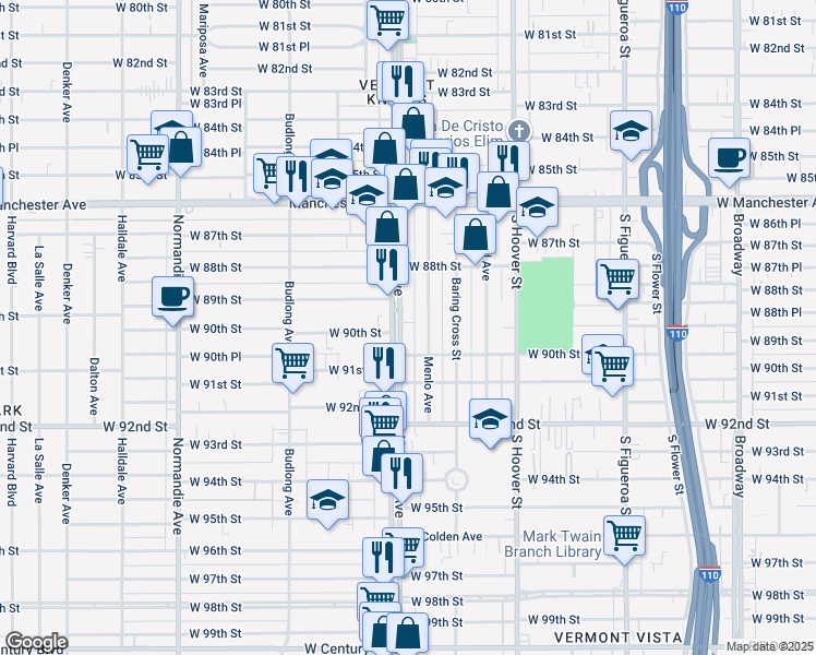 map of restaurants, bars, coffee shops, grocery stores, and more near 8918 South Vermont Avenue in Los Angeles