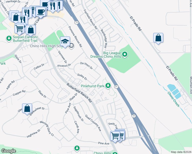 map of restaurants, bars, coffee shops, grocery stores, and more near 5545 Veronese Drive in Chino Hills
