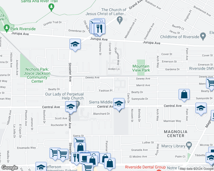 map of restaurants, bars, coffee shops, grocery stores, and more near 5050 Brooklawn Place in Riverside
