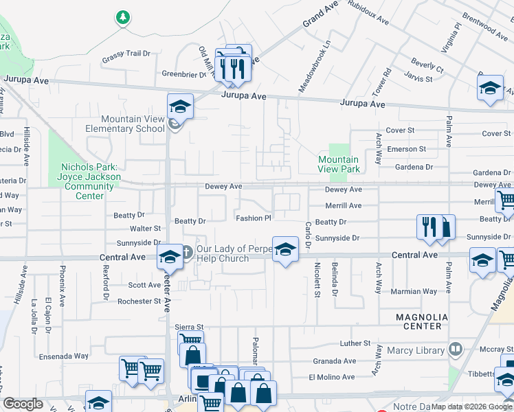 map of restaurants, bars, coffee shops, grocery stores, and more near 5017 Fashion Place in Riverside