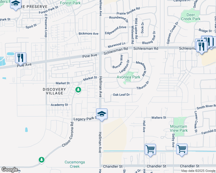 map of restaurants, bars, coffee shops, grocery stores, and more near 14959 Brooktree Street in Corona