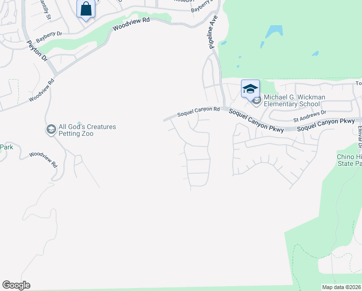 map of restaurants, bars, coffee shops, grocery stores, and more near 16364 Bell Ridge Drive in Chino Hills