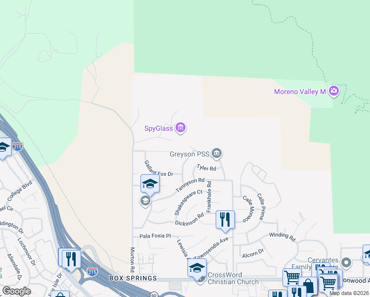 map of restaurants, bars, coffee shops, grocery stores, and more near 21245 Penunuri Place in Moreno Valley