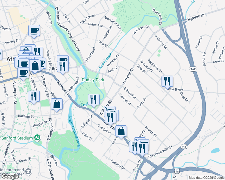 map of restaurants, bars, coffee shops, grocery stores, and more near 234 South Peter Street in Athens