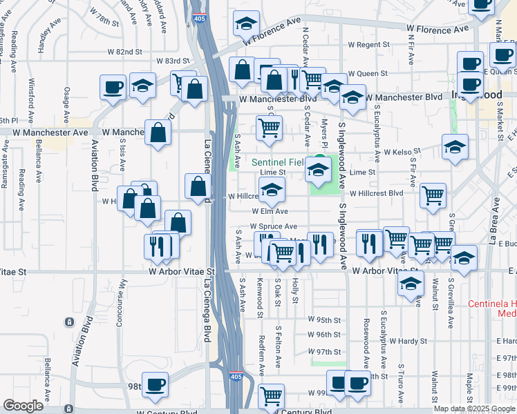 map of restaurants, bars, coffee shops, grocery stores, and more near 619 West Elm Avenue in Inglewood