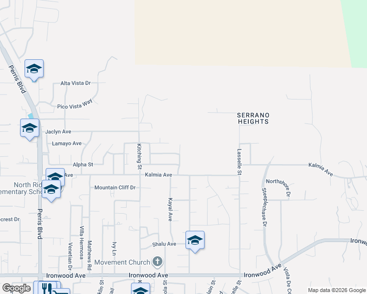 map of restaurants, bars, coffee shops, grocery stores, and more near 25647 San Thomas Street in Moreno Valley