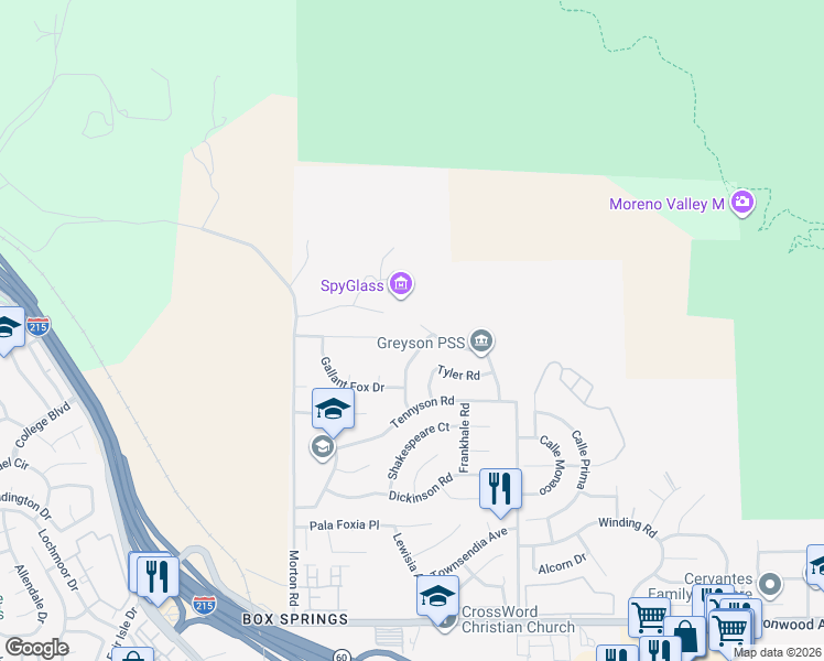map of restaurants, bars, coffee shops, grocery stores, and more near 21245 Penunuri Place in Moreno Valley