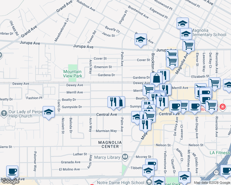 map of restaurants, bars, coffee shops, grocery stores, and more near 4537 Beatty Drive in Riverside