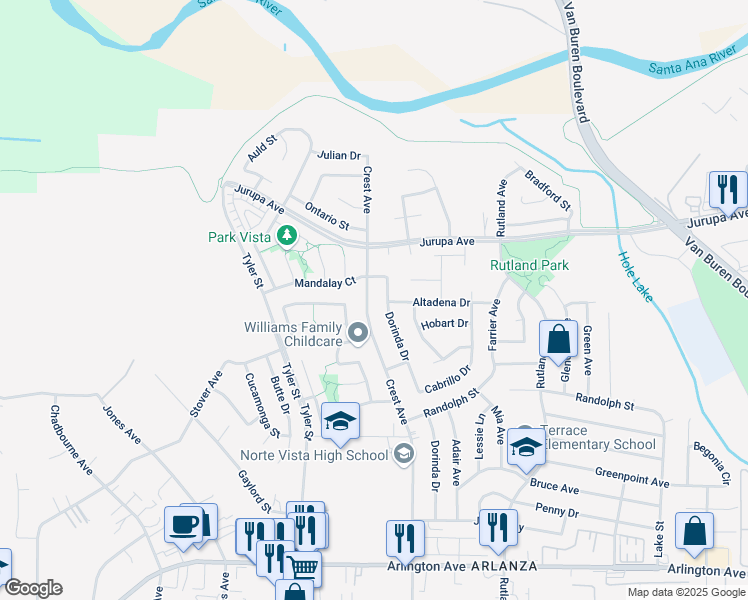 map of restaurants, bars, coffee shops, grocery stores, and more near 6885 Dorinda Drive in Riverside