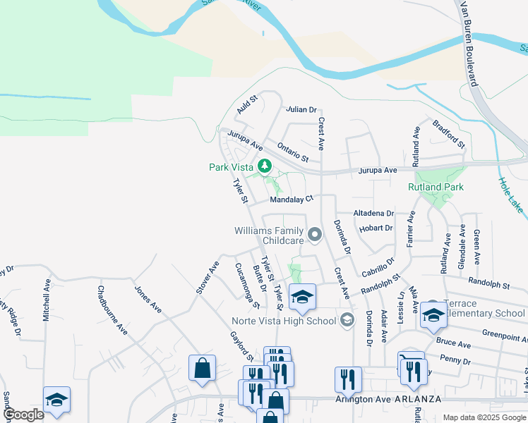 map of restaurants, bars, coffee shops, grocery stores, and more near 6991 Eureka Drive in Riverside