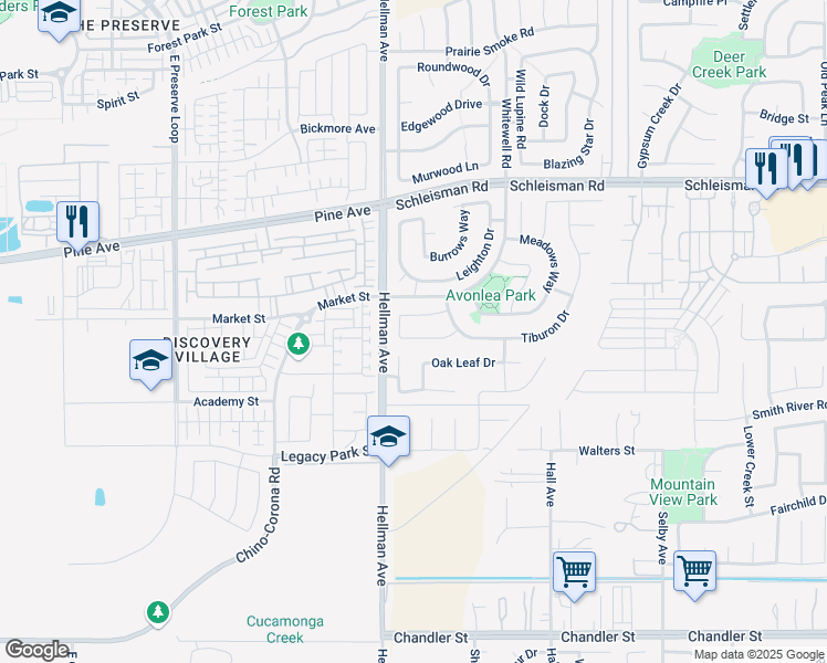 map of restaurants, bars, coffee shops, grocery stores, and more near 14959 Brooktree Street in Corona