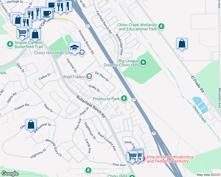 map of restaurants, bars, coffee shops, grocery stores, and more near 5545 Veronese Drive in Chino Hills