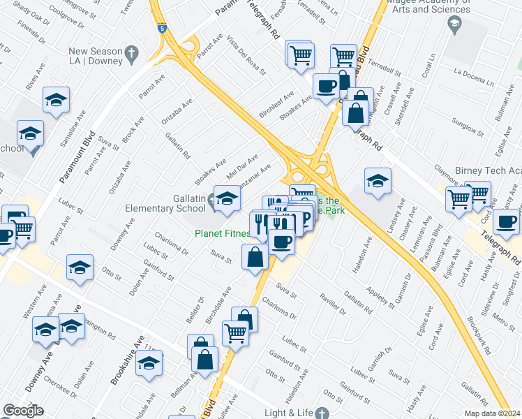 map of restaurants, bars, coffee shops, grocery stores, and more near 8601 Gallatin School House Road in Downey