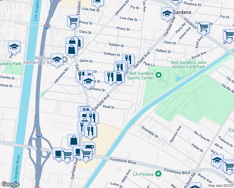 map of restaurants, bars, coffee shops, grocery stores, and more near 5947 Fostoria Street in Bell Gardens