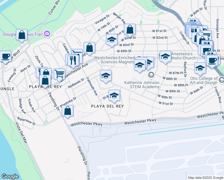 map of restaurants, bars, coffee shops, grocery stores, and more near 9100 Falmouth Avenue in Los Angeles