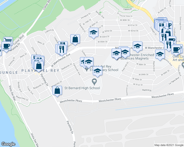 map of restaurants, bars, coffee shops, grocery stores, and more near 9100 Falmouth Avenue in Los Angeles