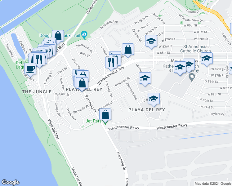 map of restaurants, bars, coffee shops, grocery stores, and more near 8738 Delgany Avenue in Los Angeles