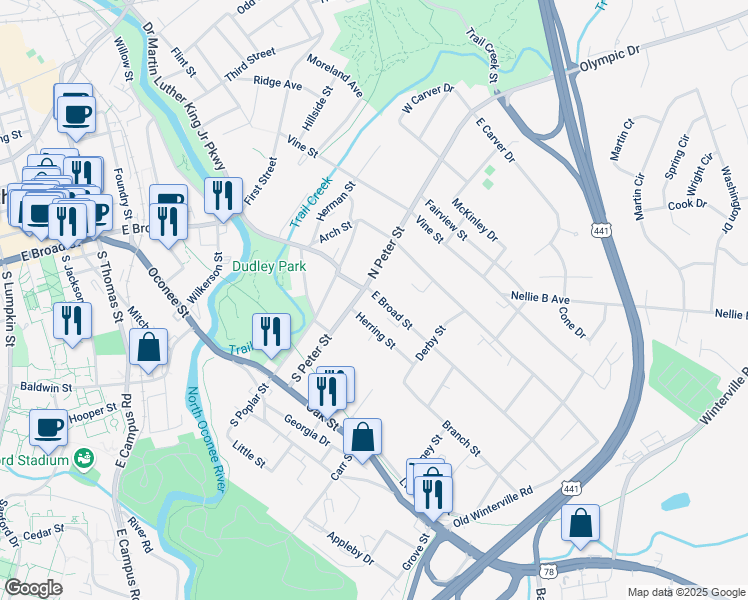 map of restaurants, bars, coffee shops, grocery stores, and more near 141 Herring Street in Athens