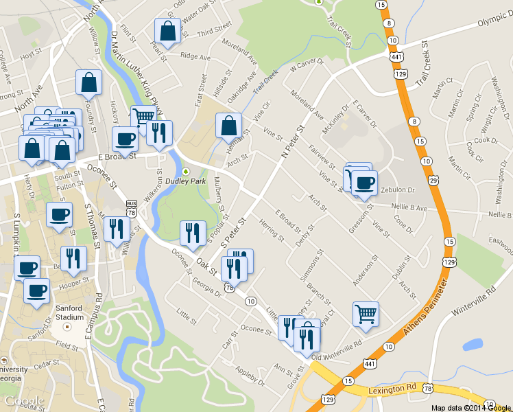map of restaurants, bars, coffee shops, grocery stores, and more near 141 Herring Street in Athens
