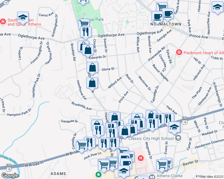 map of restaurants, bars, coffee shops, grocery stores, and more near 343 Sunset Drive in Athens