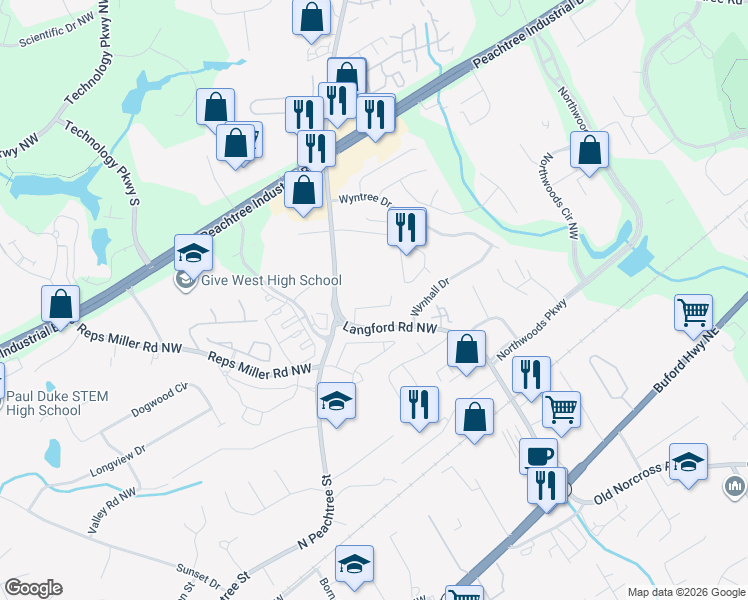 map of restaurants, bars, coffee shops, grocery stores, and more near 3153 Corner Oak Drive in Norcross