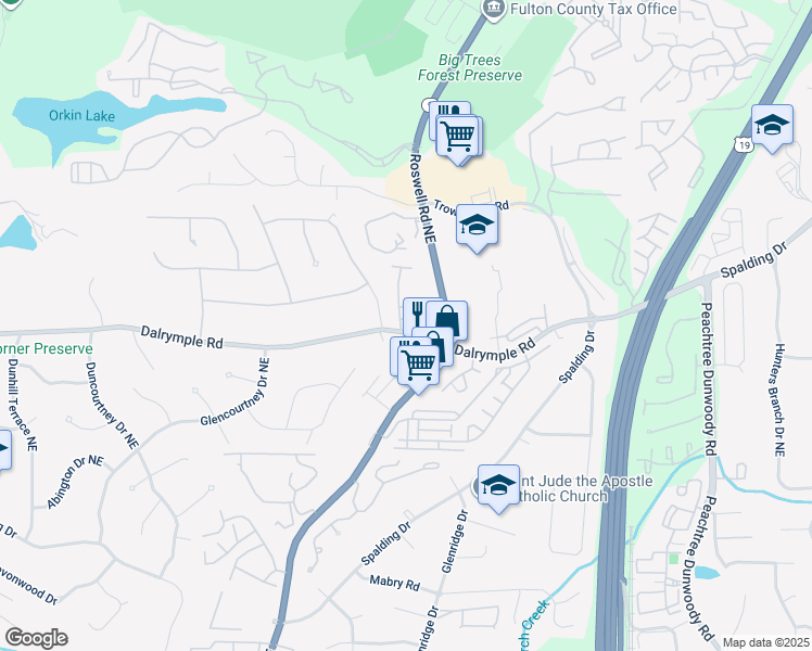 map of restaurants, bars, coffee shops, grocery stores, and more near 615 Dalrymple Road in Atlanta