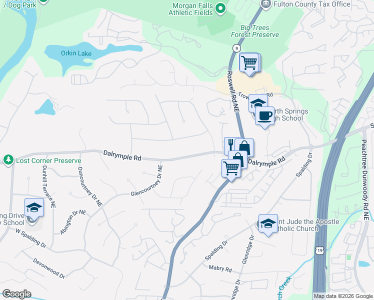 map of restaurants, bars, coffee shops, grocery stores, and more near 531 Dalrymple Road in Sandy Springs