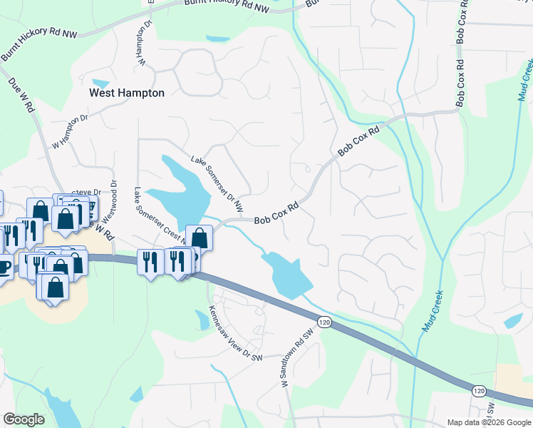 map of restaurants, bars, coffee shops, grocery stores, and more near 3241 Bob Cox Road in Marietta