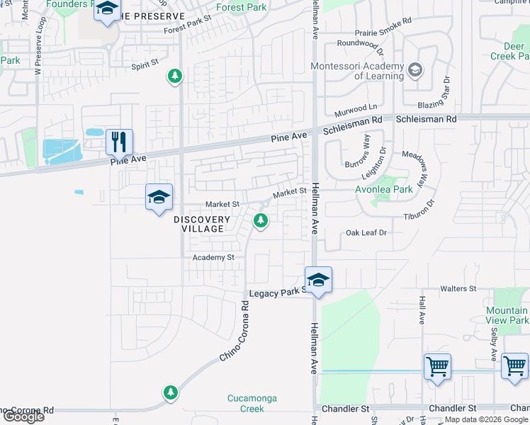 map of restaurants, bars, coffee shops, grocery stores, and more near 16402 Traverse Way in Chino