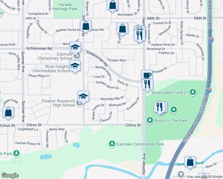 map of restaurants, bars, coffee shops, grocery stores, and more near 12809 Eastern Shore Drive in Corona
