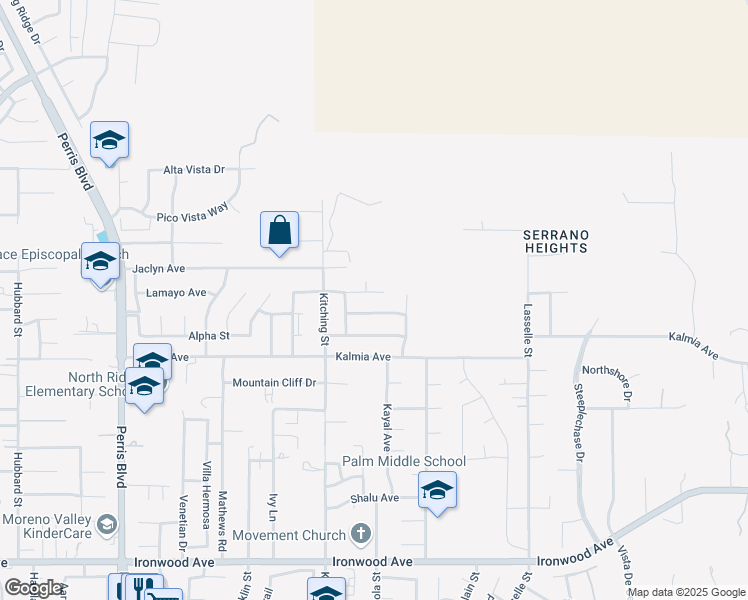 map of restaurants, bars, coffee shops, grocery stores, and more near 25591 Santa Barbara Street in Moreno Valley