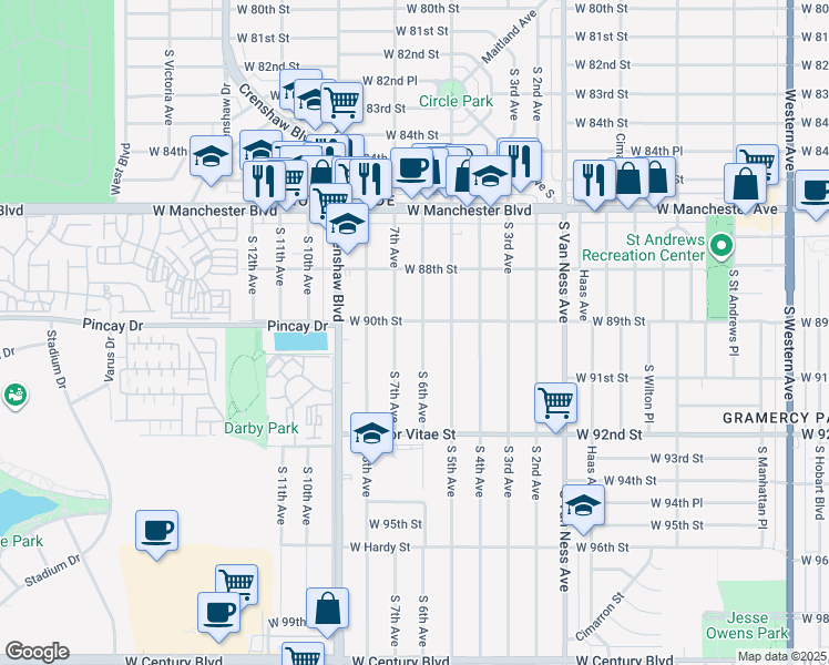 map of restaurants, bars, coffee shops, grocery stores, and more near 9020 South 6th Avenue in Inglewood