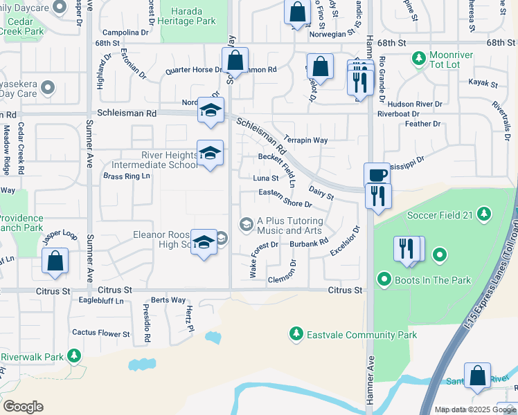 map of restaurants, bars, coffee shops, grocery stores, and more near 7286 Canter-Wood Court in Corona