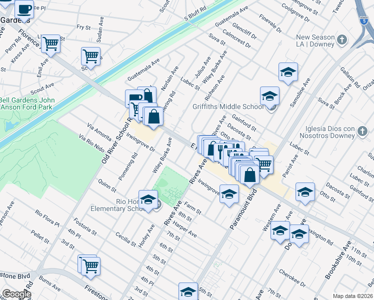 map of restaurants, bars, coffee shops, grocery stores, and more near 10220 Hopeland Avenue in Downey