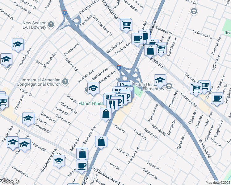 map of restaurants, bars, coffee shops, grocery stores, and more near 9212 Joshua Way in Downey