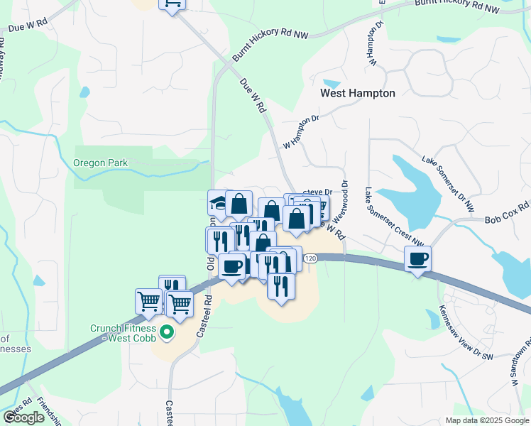 map of restaurants, bars, coffee shops, grocery stores, and more near 3570 Steve Drive in Marietta
