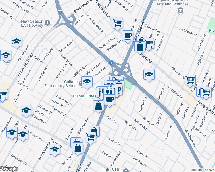 map of restaurants, bars, coffee shops, grocery stores, and more near 9212 Joshua Way in Downey