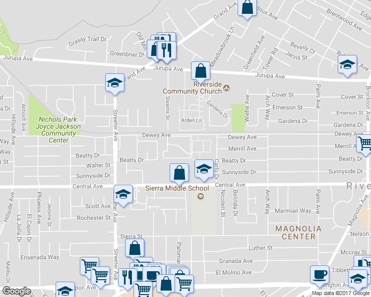 map of restaurants, bars, coffee shops, grocery stores, and more near 5025 Brooklawn Place in Riverside