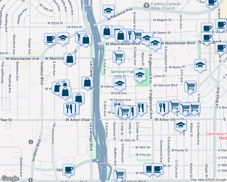 map of restaurants, bars, coffee shops, grocery stores, and more near 619 West Elm Avenue in Inglewood