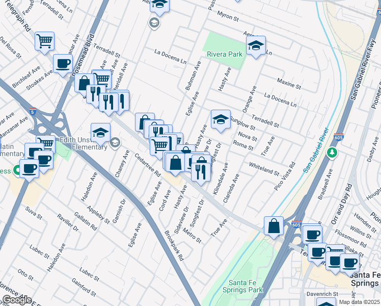 map of restaurants, bars, coffee shops, grocery stores, and more near 8643 Hasty Avenue in Pico Rivera