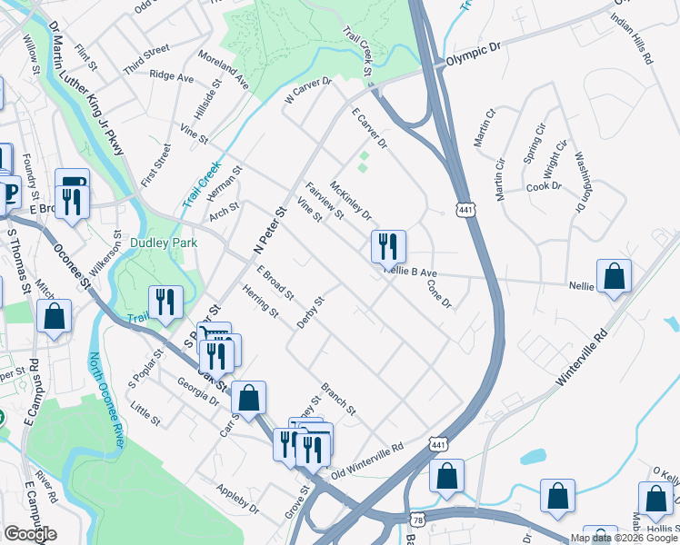map of restaurants, bars, coffee shops, grocery stores, and more near 295 Arch Street in Athens