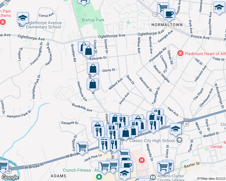 map of restaurants, bars, coffee shops, grocery stores, and more near 343 Sunset Drive in Athens