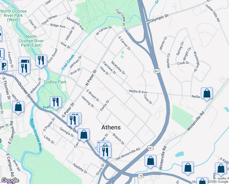 map of restaurants, bars, coffee shops, grocery stores, and more near 295 Arch Street in Athens