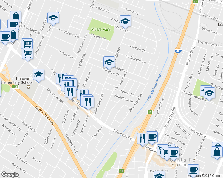 map of restaurants, bars, coffee shops, grocery stores, and more near 9715 Whiteland Street in Pico Rivera