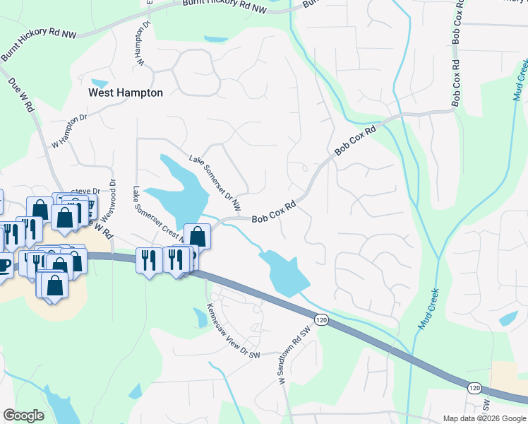 map of restaurants, bars, coffee shops, grocery stores, and more near 3241 Bob Cox Road in Marietta