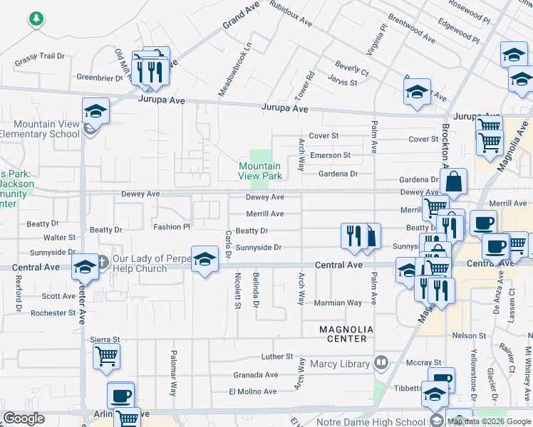 map of restaurants, bars, coffee shops, grocery stores, and more near 4795 Merrill Avenue in Riverside