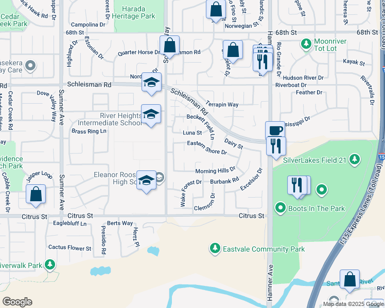map of restaurants, bars, coffee shops, grocery stores, and more near 7286 Canter-Wood Court in Corona