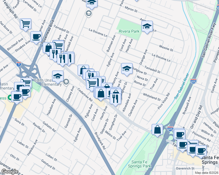 map of restaurants, bars, coffee shops, grocery stores, and more near 8643 Hasty Avenue in Pico Rivera